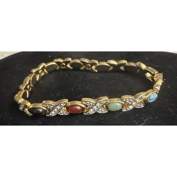 Vintage Goldtone Multi-Stone Link Bracelet – Fold Over Clasp - Picture 2 of 13